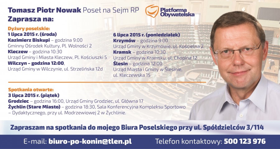 Poseł Tomasz Piotr Nowak zaprasza na dyżury poselskie i spotkania otwarte w gminach powiatu konińskiego