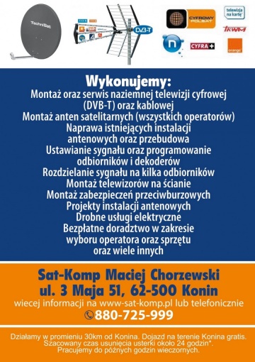 Sat-Komp Elektryk Konin, Usługi elektryczne, Domofony,Alarmy