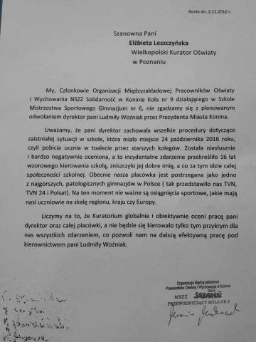 Społeczność Gimnazjum nr 6 murem za dyrektor Ludmiłą Woźniak