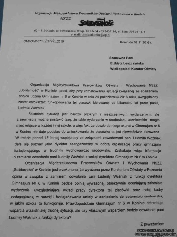 Społeczność Gimnazjum nr 6 murem za dyrektor Ludmiłą Woźniak