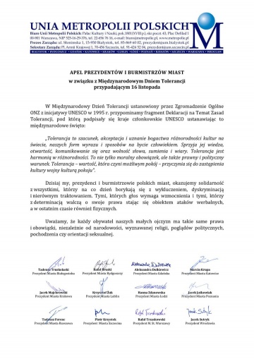 Konin wśród samorządów apelujących o równość i tolerancję