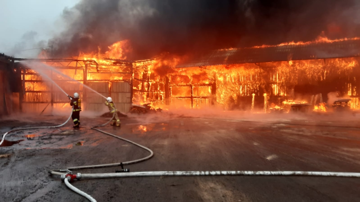 Grodziec. Spłonęła hala do produkcji peletu. W akcji strażacy z całego regionu