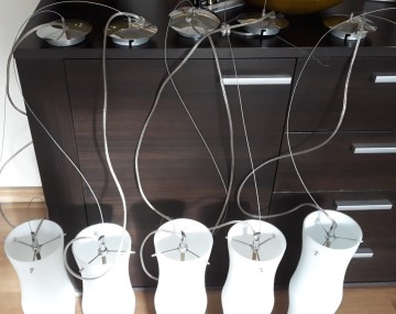 Piękne szklane lampy wiszące, komplet 5 sztuk, stan bdb.