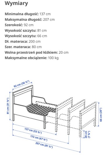 Rosnące ł&oacute;żko 3 wymiary z materacem, 90 x na max.207 cm