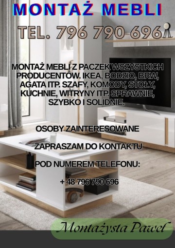 Skręcanie mebli / Składanie Mebli / Montaż Mebli 796 790 696