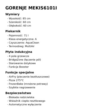 Sprzedam kuchnię indukcyjną wolnostojącą marki: GORENJE MEK