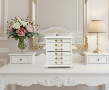 Biała drewniana szkatułka z szufladami