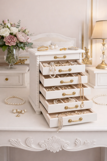 Biała drewniana szkatułka z szufladami