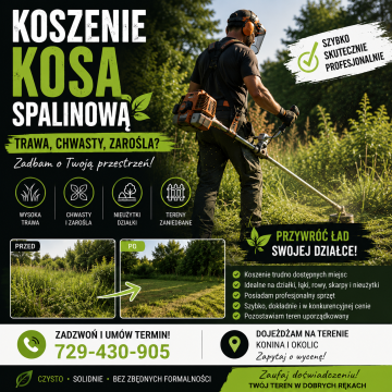 Koszenie zarośli, chwastów, sadów, usługa kosą spalinową