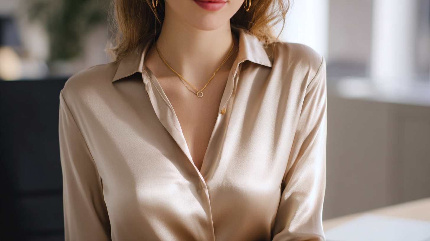 	Kobieta w eleganckiej satynowej bluzie w kolorze złota - widoczna tekstura materiału, pewna poza, biuro w tle 