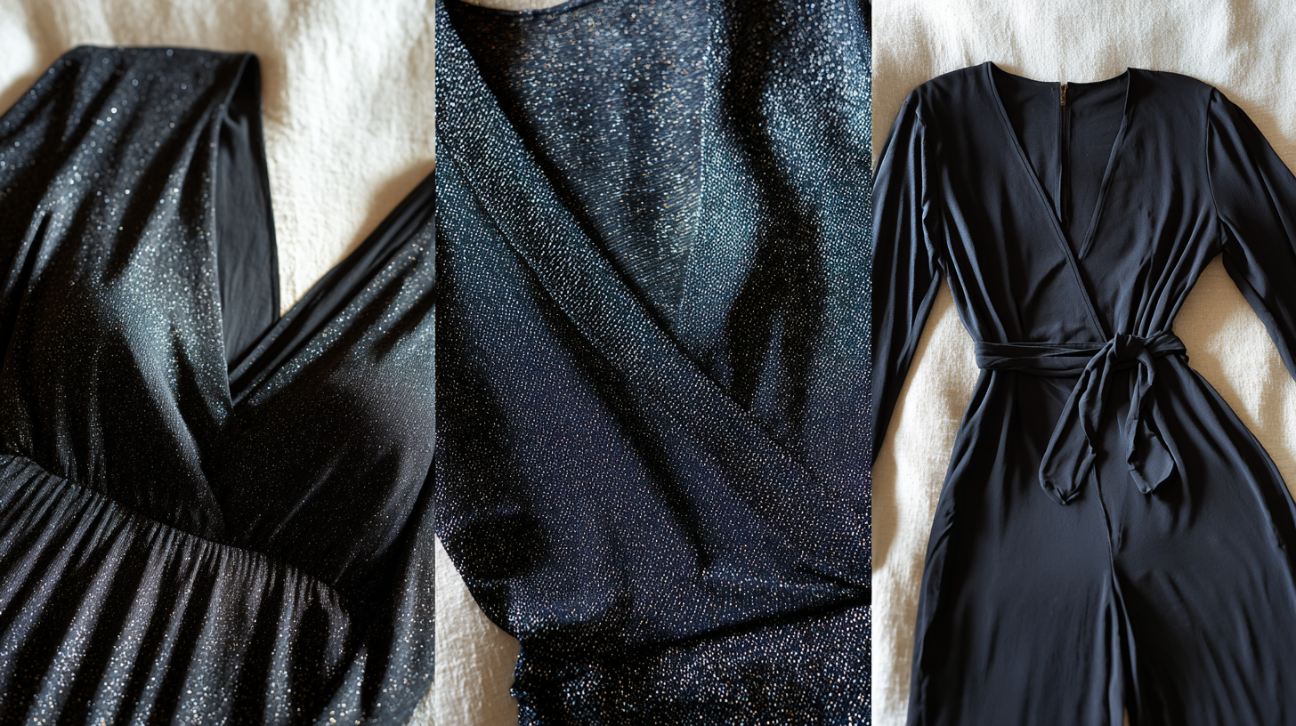 Trzy opcje baz outfitu na wigilię - sukienka midi, sukienka granatowa, elegancki dres - leżące obok siebie 